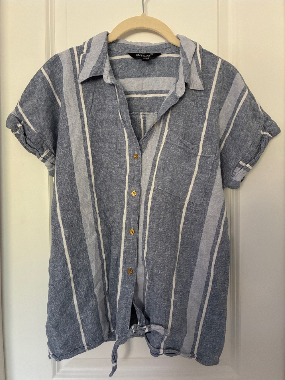 Ellen Tracy Blue and White Striped Short-Sleeve Button-Down